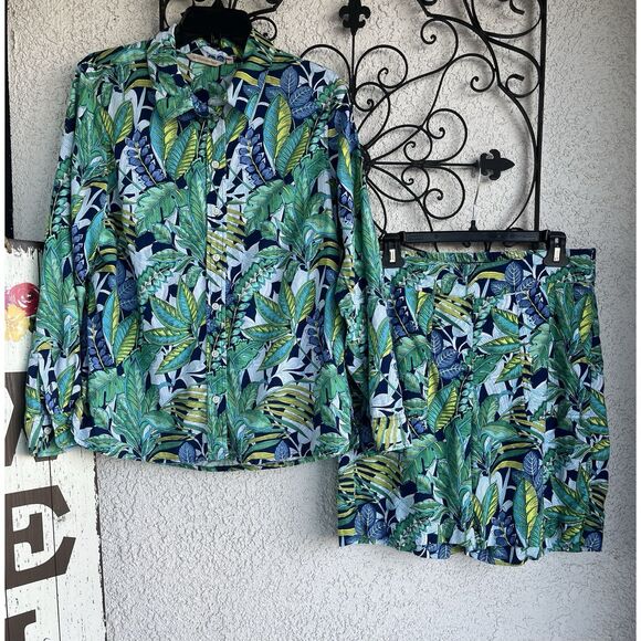 Soft Surroundings Linen Blend Collard Shirt & Shorts Set -Top L -Bottom M- Multi - Picture 1 of 8